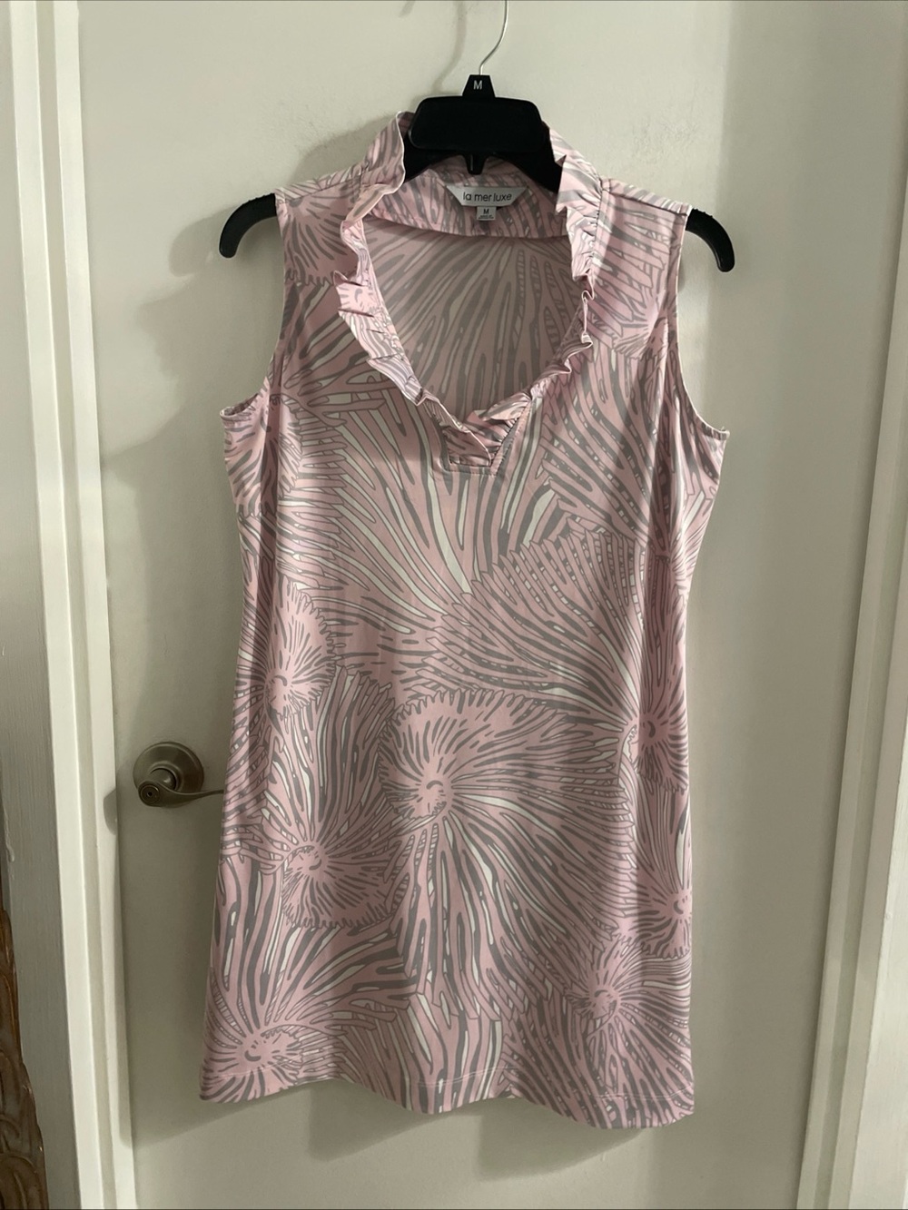 La mer luxe medium Pink & Gray Tropical Ruffle Neck sleeveless poly blend dress